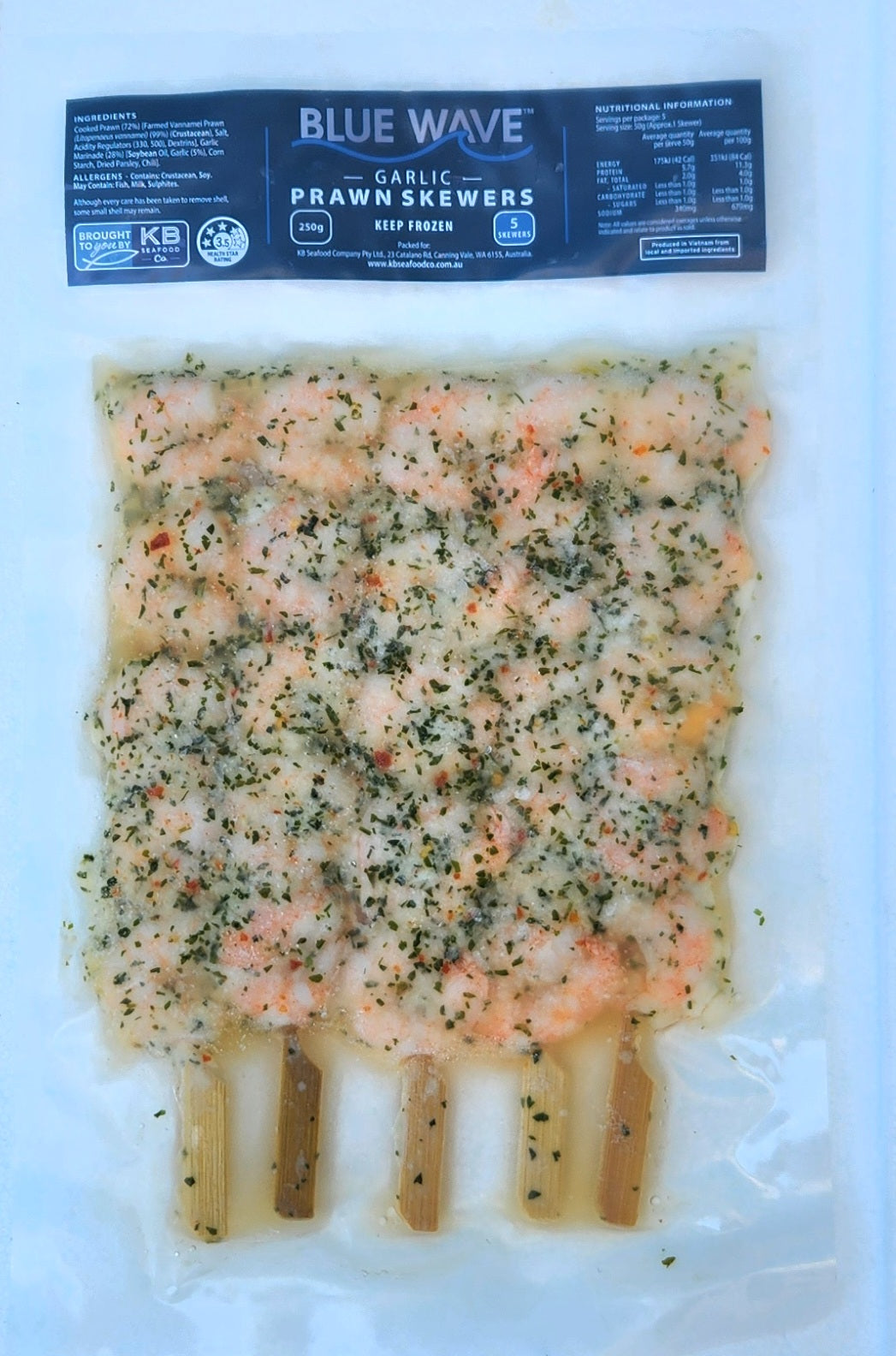 Blue wave garlic marinade prawn skewers 250g
